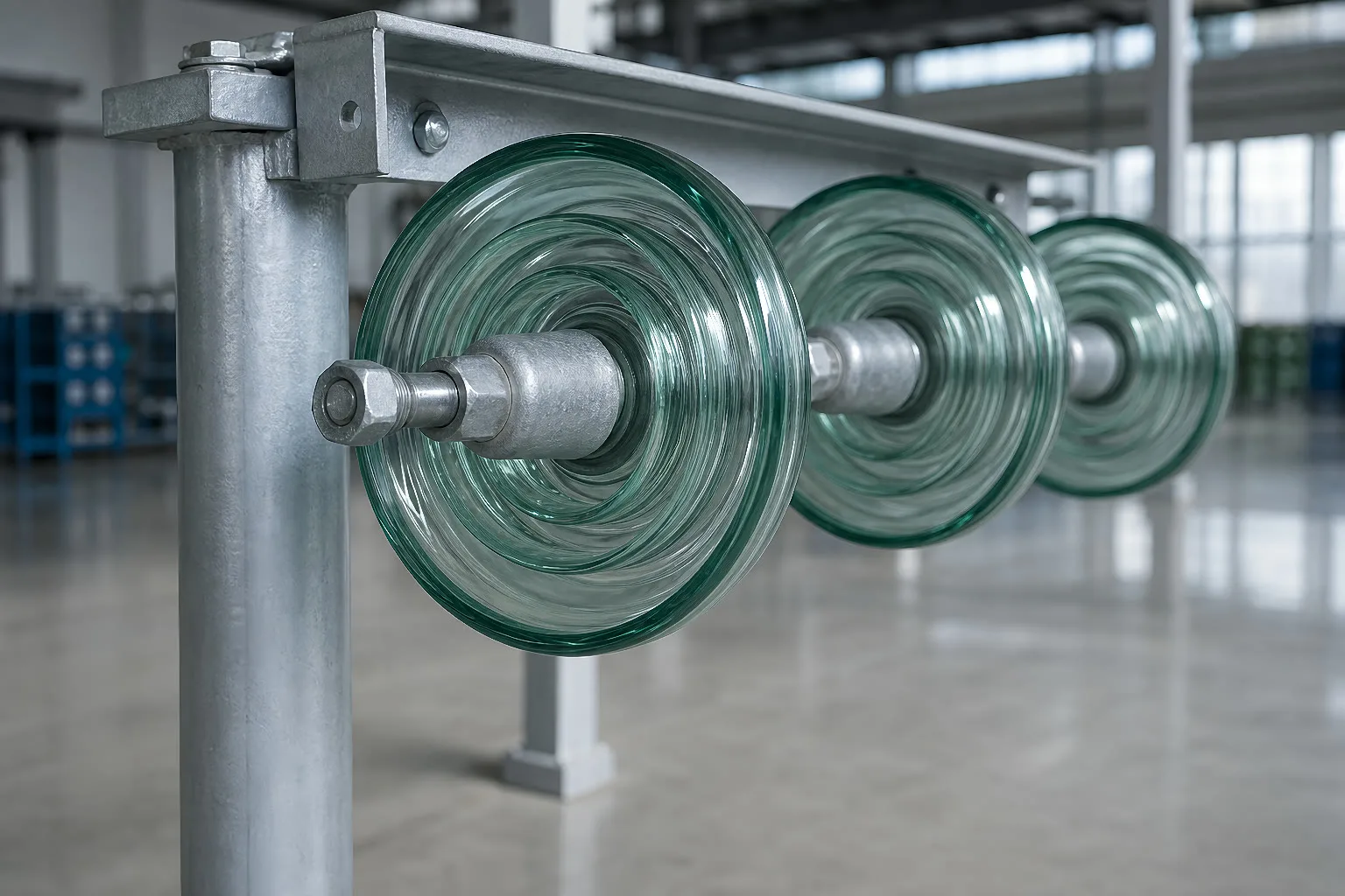 Pin-type glass insulators mounted on a distribution line pole