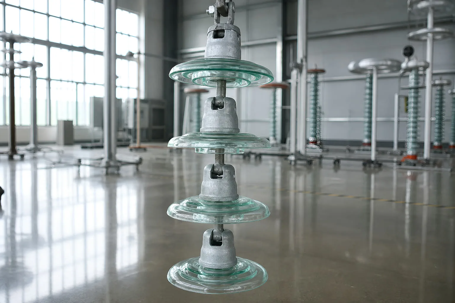 Suspension cap & pin glass insulator string on an overhead high-voltage transmission line